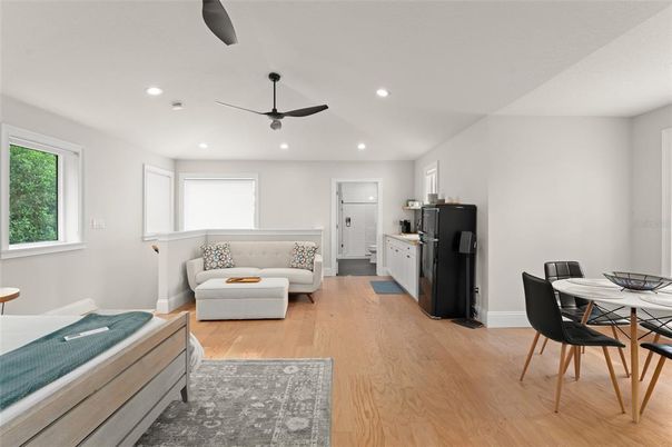 Dining room, Interior, Kitchen, Living room, Recessed Lighting, Wood Texture Flooring