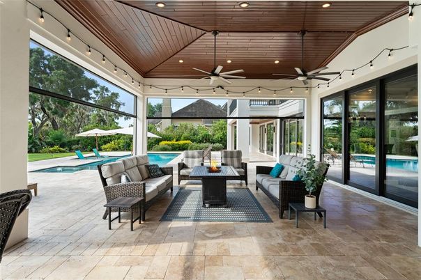 Interior, Living room, Pool, Recessed Lighting, Sun Room, Wooden Ceilings