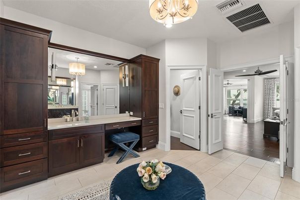 Bathroom, Chandelier, Interior, Recessed Lighting, Wood Texture Flooring