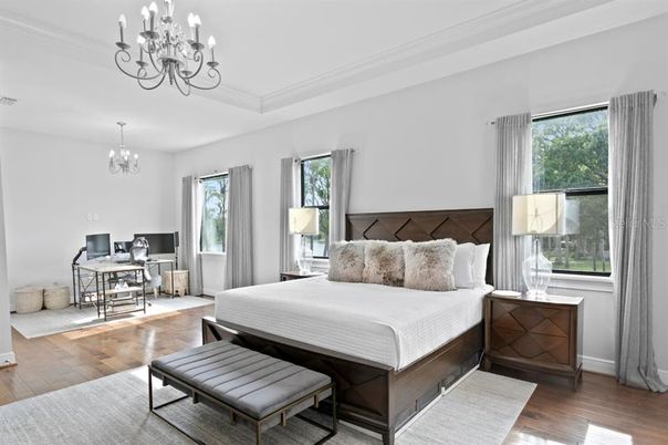 Bedroom, Chandelier, Home Office, Interior, Wood Texture Flooring