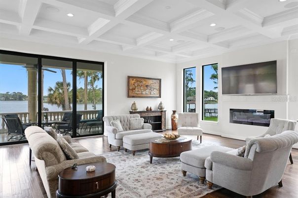 Fireplace, Interior, Living room, Recessed Lighting, Wood Texture Flooring