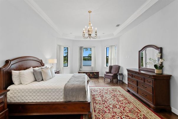 Bedroom, Chandelier, Interior, Wood Texture Flooring