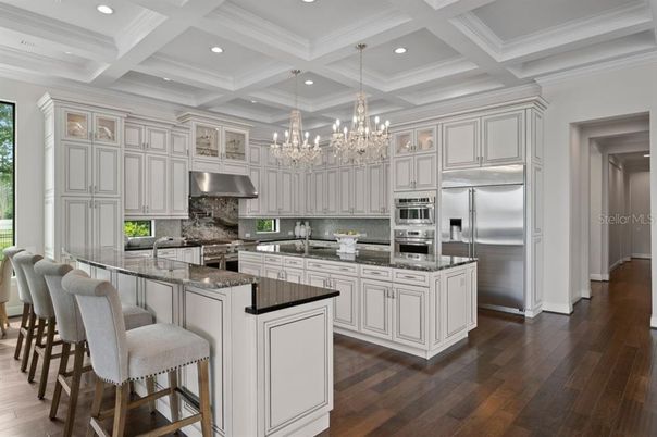 Chandelier, Interior, Kitchen, Recessed Lighting, Stainless Steel Appliances, Wood Texture Flooring