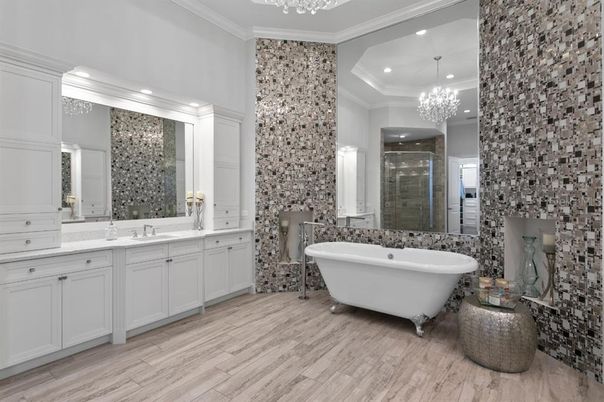 Bathroom, Chandelier, Dual Sink Vanities, Free Standing Baths, Glass Shower, Interior, Recessed Lighting, Wood Texture Flooring
