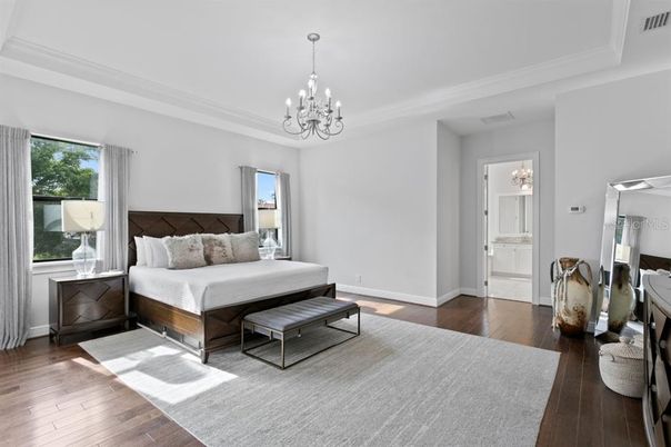 Bedroom, Chandelier, Interior, Wood Texture Flooring