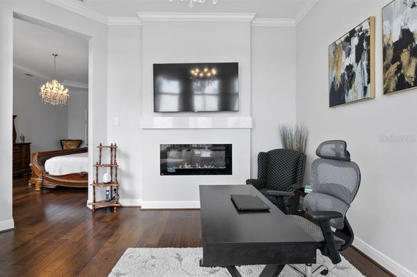 Chandelier, Fireplace, Home Office, Interior, Wood Texture Flooring