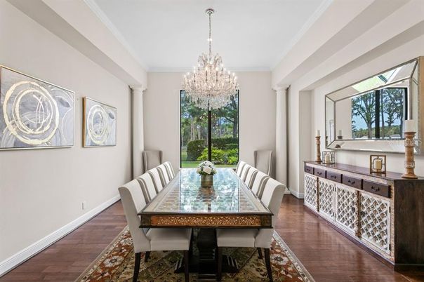 Chandelier, Dining room, Interior, Wood Texture Flooring