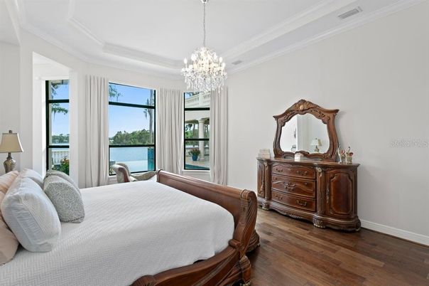 Bedroom, Chandelier, Interior, Water, Wood Texture Flooring