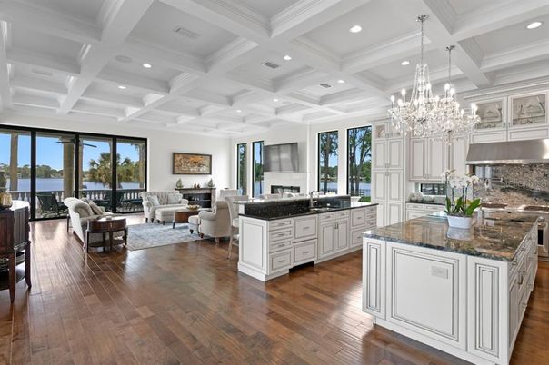 Chandelier, Interior, Kitchen, Living room, Recessed Lighting, Stainless Steel Appliances, Wood Texture Flooring