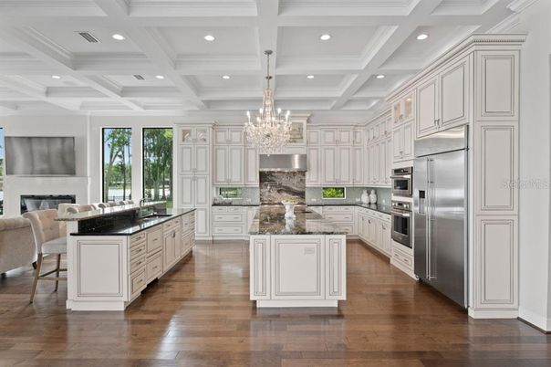Chandelier, Interior, Kitchen, Recessed Lighting, Stainless Steel Appliances, Wood Texture Flooring