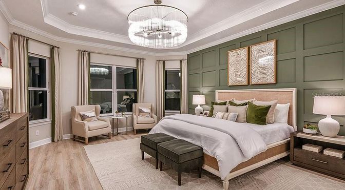 Bedroom, Chandelier, Interior, Recessed Lighting, Wood Texture Flooring