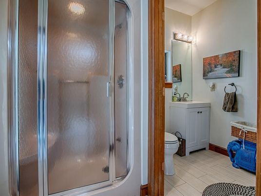 Bathroom, Glass Shower, Interior, Wood Texture Flooring