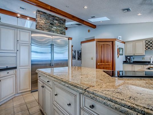 Interior, Kitchen, Recessed Lighting, Stainless Steel Appliances, Stone Walls, Wooden Beams