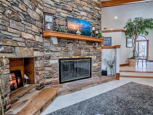 Fireplace, Interior, Recessed Lighting, Stone Walls
