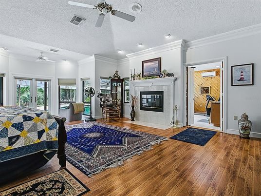 Fireplace, Interior, Recessed Lighting, Wood Texture Flooring