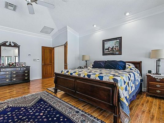 Bedroom, Interior, Recessed Lighting, Wood Texture Flooring