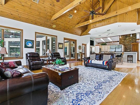 Interior, Kitchen, Living room, Pendant Lights, Recessed Lighting, Stone Walls, Wooden Beams, Wooden Ceilings, Wood Texture Flooring