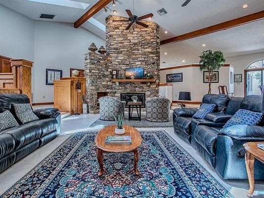 Fireplace, Interior, Living room, Recessed Lighting, Stone Walls, Wooden Beams