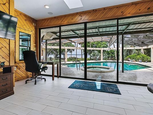 Home Office, Interior, Pool, Recessed Lighting, Sun Room, Wooden Walls