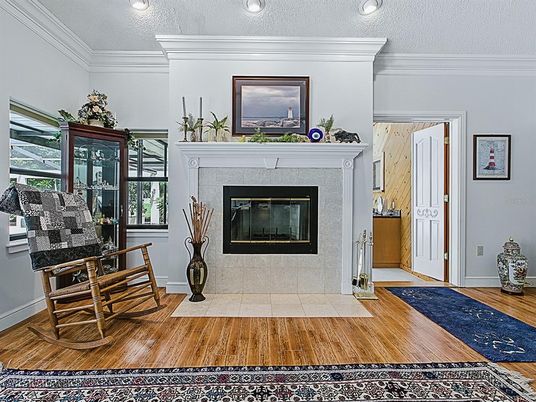 Fireplace, Interior, Recessed Lighting, Wood Texture Flooring