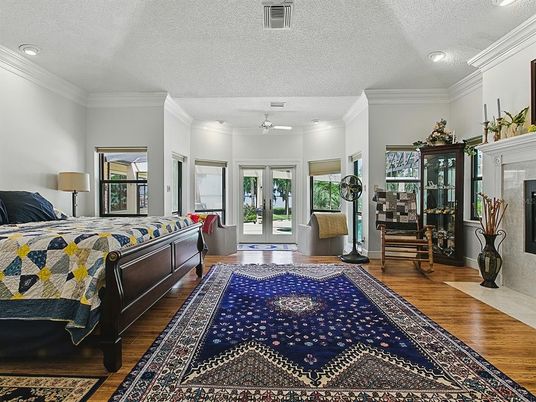 Bedroom, Fireplace, Interior, Recessed Lighting, Wood Texture Flooring
