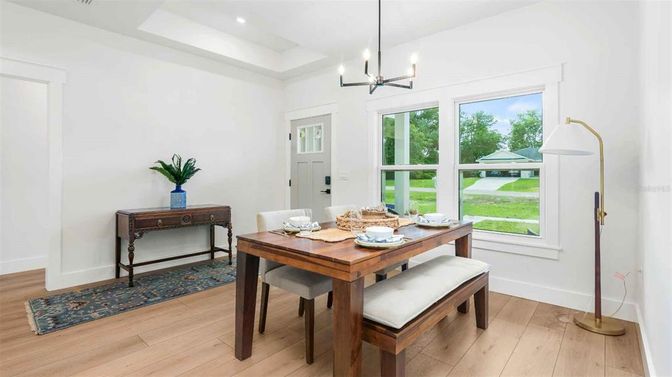 Chandelier, Dining room, Interior, Pendant Lights, Recessed Lighting, Wood Texture Flooring