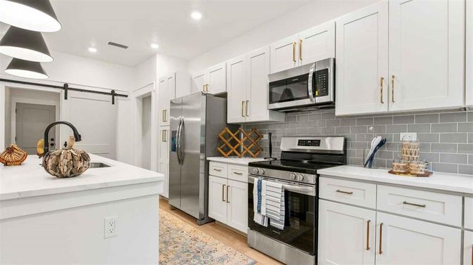 Interior, Kitchen, Recessed Lighting, Stainless Steel Appliances, Wood Texture Flooring