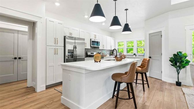 Interior, Kitchen, Pendant Lights, Recessed Lighting, Stainless Steel Appliances, Wood Texture Flooring
