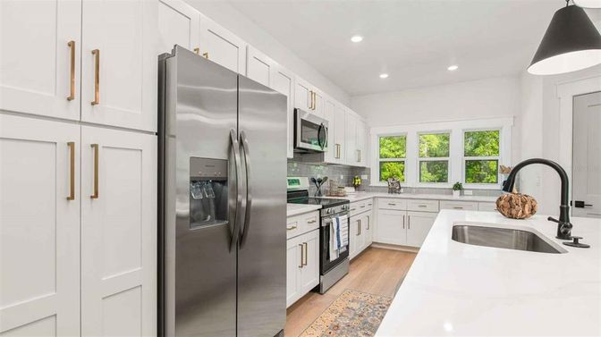 Interior, Kitchen, Pendant Lights, Recessed Lighting, Stainless Steel Appliances, Wood Texture Flooring