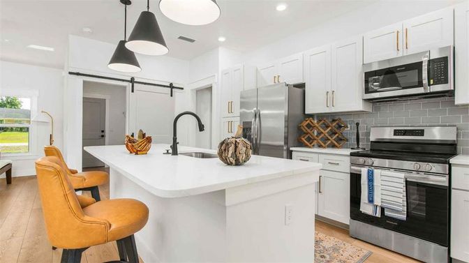 Interior, Kitchen, Pendant Lights, Recessed Lighting, Stainless Steel Appliances, Wood Texture Flooring