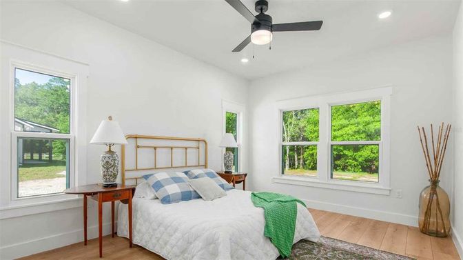 Bedroom, Interior, Recessed Lighting, Wood Texture Flooring