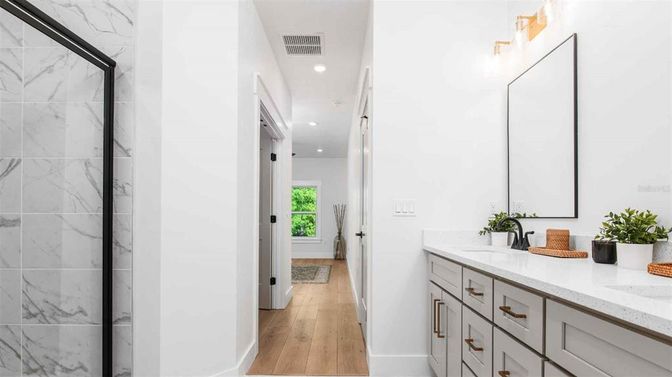 Bathroom, Interior, Marble Walls, Recessed Lighting, Wood Texture Flooring