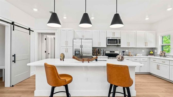 Interior, Kitchen, Pendant Lights, Recessed Lighting, Stainless Steel Appliances, Wood Texture Flooring