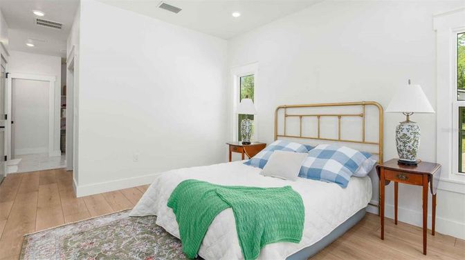 Bedroom, Interior, Recessed Lighting, Wood Texture Flooring