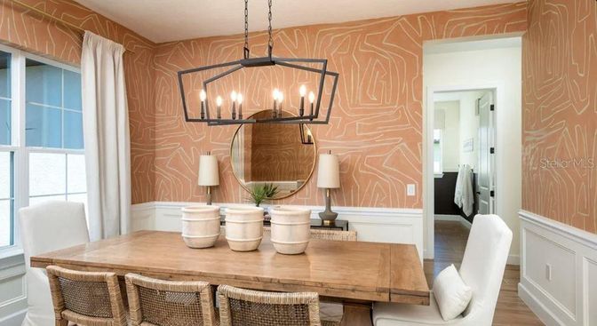 Chandelier, Dining room, Interior, Pendant Lights, Wood Texture Flooring