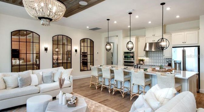 Chandelier, Interior, Kitchen, Living room, Pendant Lights, Recessed Lighting, Stainless Steel Appliances, Wooden Ceilings, Wood Texture Flooring