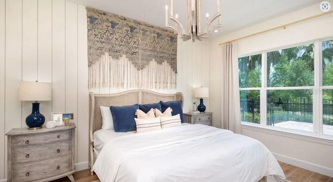 Bedroom, Interior, Pendant Lights, Wood Texture Flooring