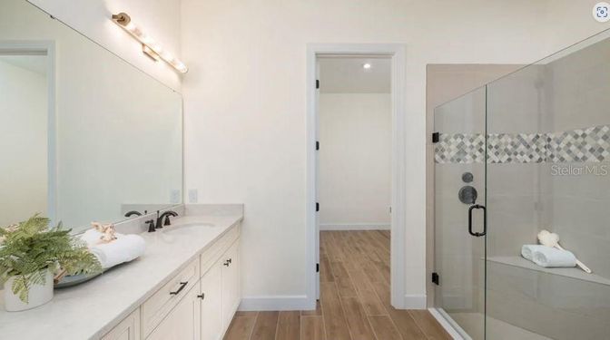 Bathroom, Glass Shower, Interior, Wood Texture Flooring