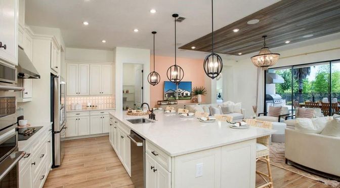 Interior, Kitchen, Living room, Pendant Lights, Recessed Lighting, Stainless Steel Appliances, Wood Texture Flooring