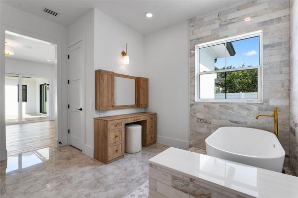 Bathroom, Free Standing Baths, Interior, Marble Walls, Recessed Lighting