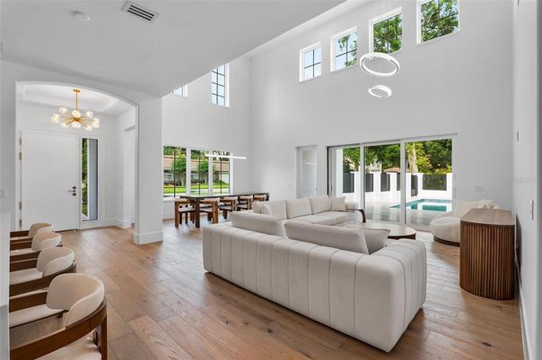 Dining room, Interior, Living room, Pendant Lights, Wood Texture Flooring