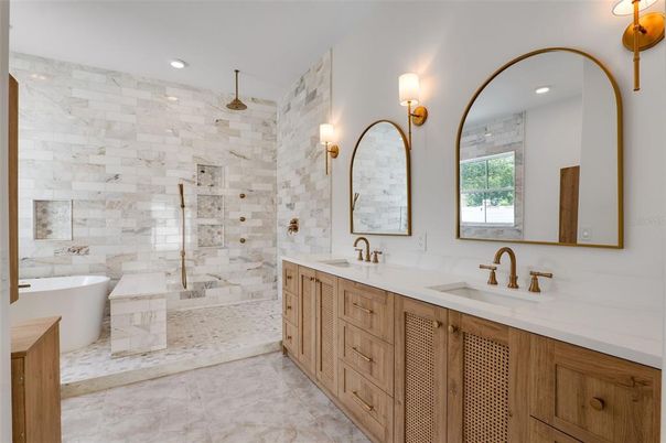 Bathroom, Dual Sink Vanities, Free Standing Baths, Glass Shower, Interior, Marble, Recessed Lighting