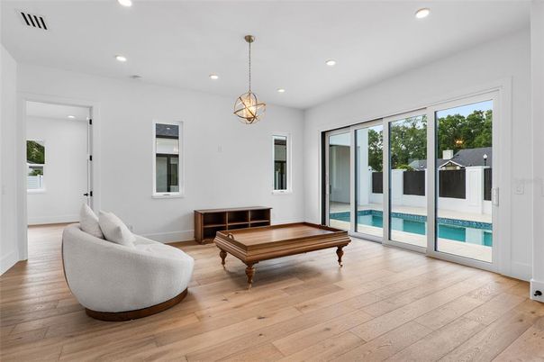 Billiard Table, Game Room, Interior, Pendant Lights, Recessed Lighting, Wood Texture Flooring