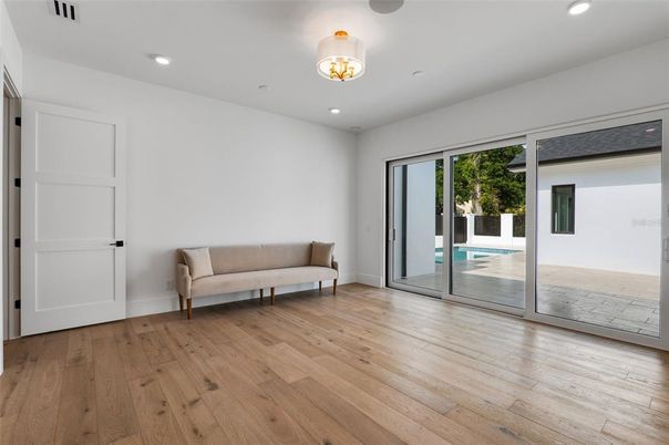 Chandelier, Empty room, Interior, Recessed Lighting, Wood Texture Flooring