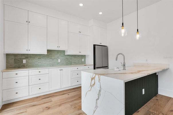 Interior, Kitchen, Pendant Lights, Recessed Lighting, Wood Texture Flooring