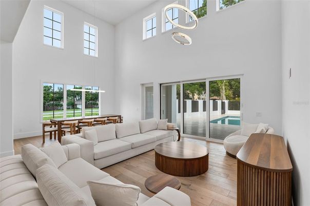 Dining room, Interior, Living room, Pendant Lights, Wood Texture Flooring