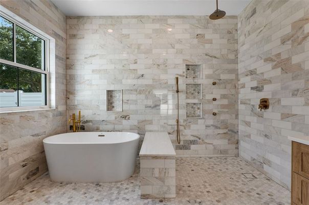 Bathroom, Free Standing Baths, Glass Shower, Interior, Marble Walls