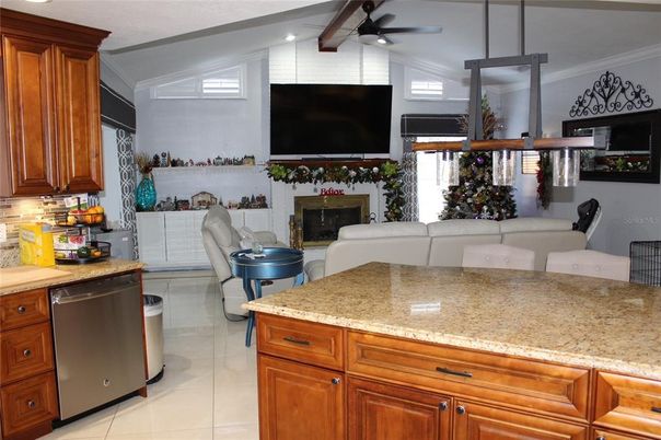 Fireplace, Interior, Kitchen, Living room, Recessed Lighting