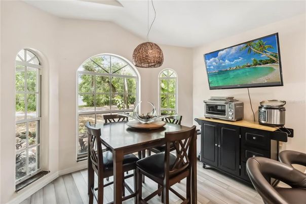 Dining room, Interior, Pendant Lights, Wood Texture Flooring