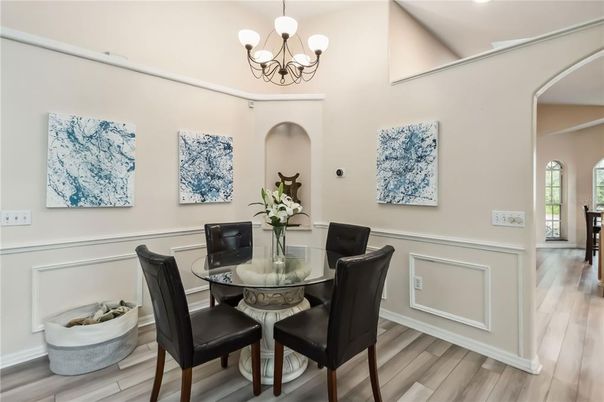 Chandelier, Dining room, Interior, Wood Texture Flooring